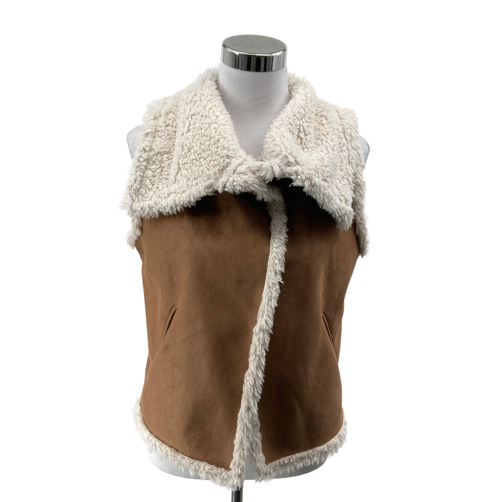 Hinge Brown Faux Suede Sherpa Vest Small Women's Teddy Collar Boho Cozy